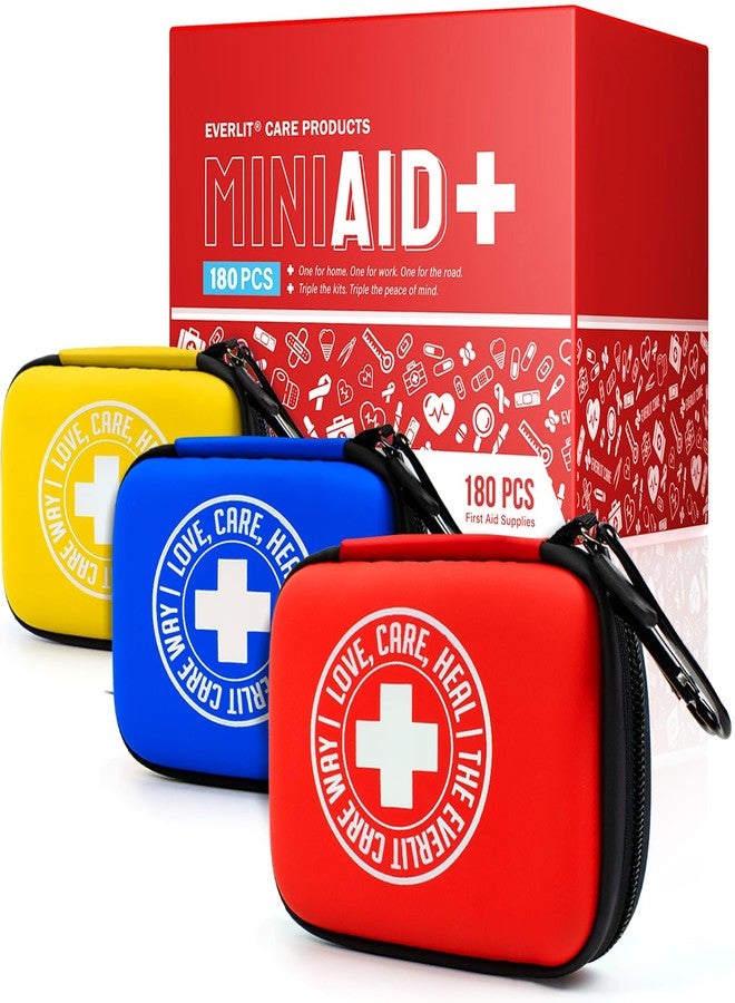 EVERLIT CARE MiniAid First Aid Kit | Compact & Lightweight Case with Carabiners for Travel | Family & Kid Friendly 180 Pcs Wound Care Supplies for School, Work, Outdoor, Home & Office | Pack of 3 - Image 1